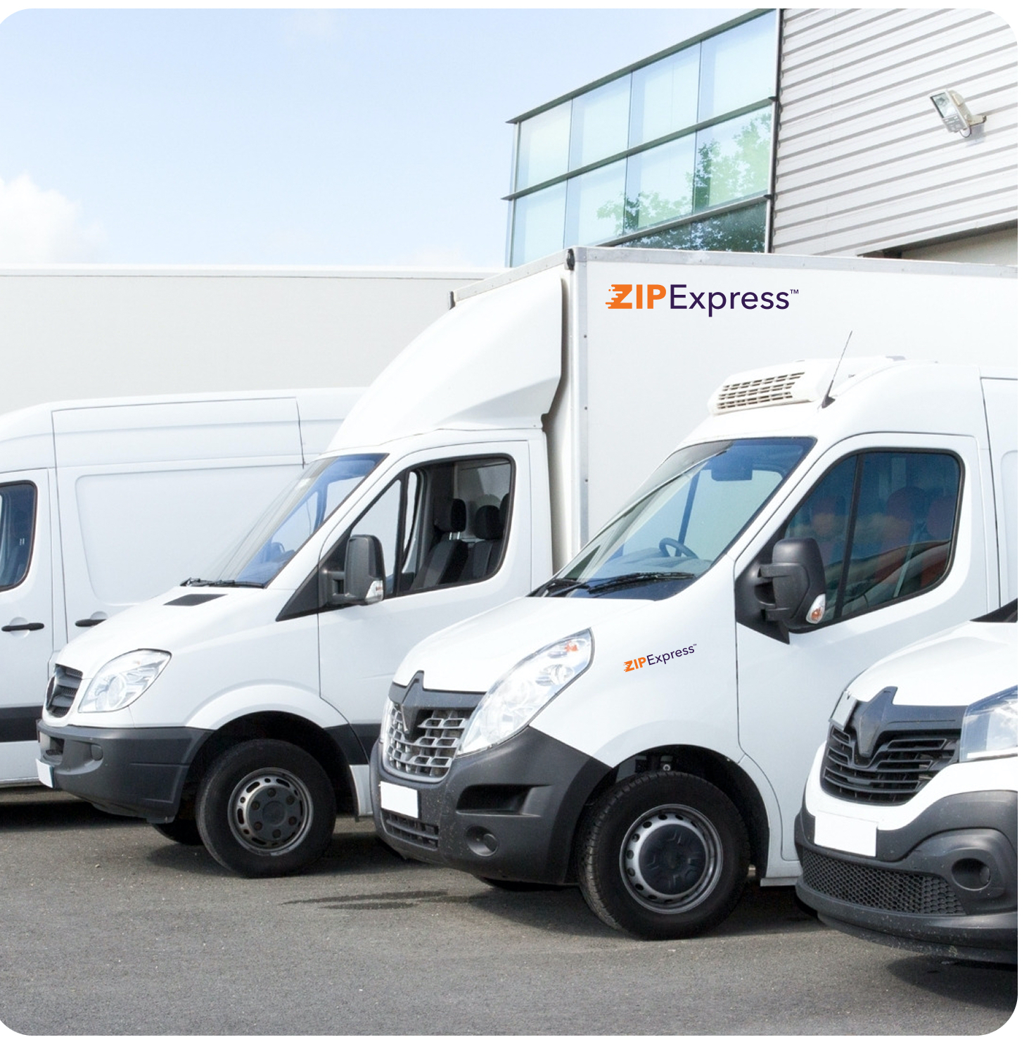 ZipExpress branded white delivery trucks